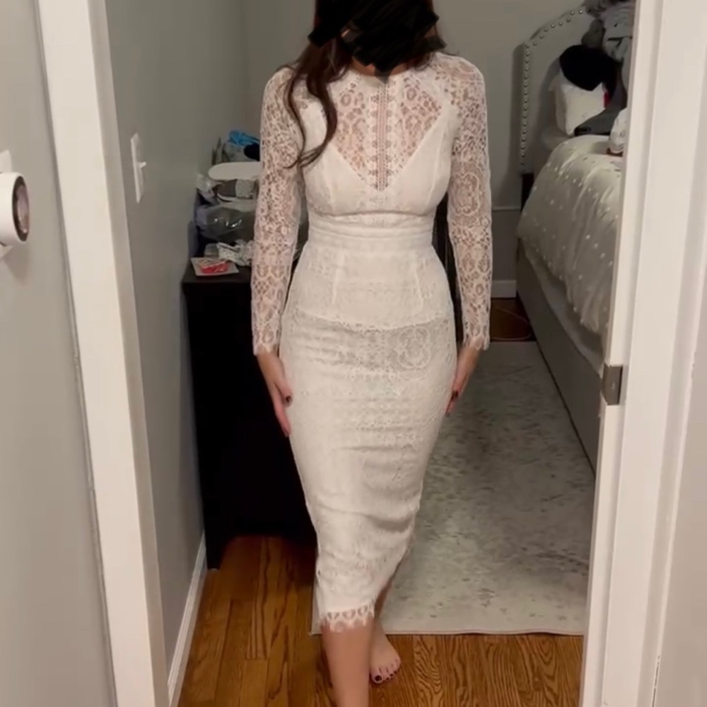 ASOS lace pencil midi dress white